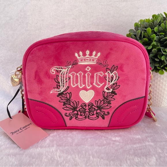 Juicy Couture Handbags - NEW Juicy Couture Hot Pink Velour Heritage Crossbody Bag
